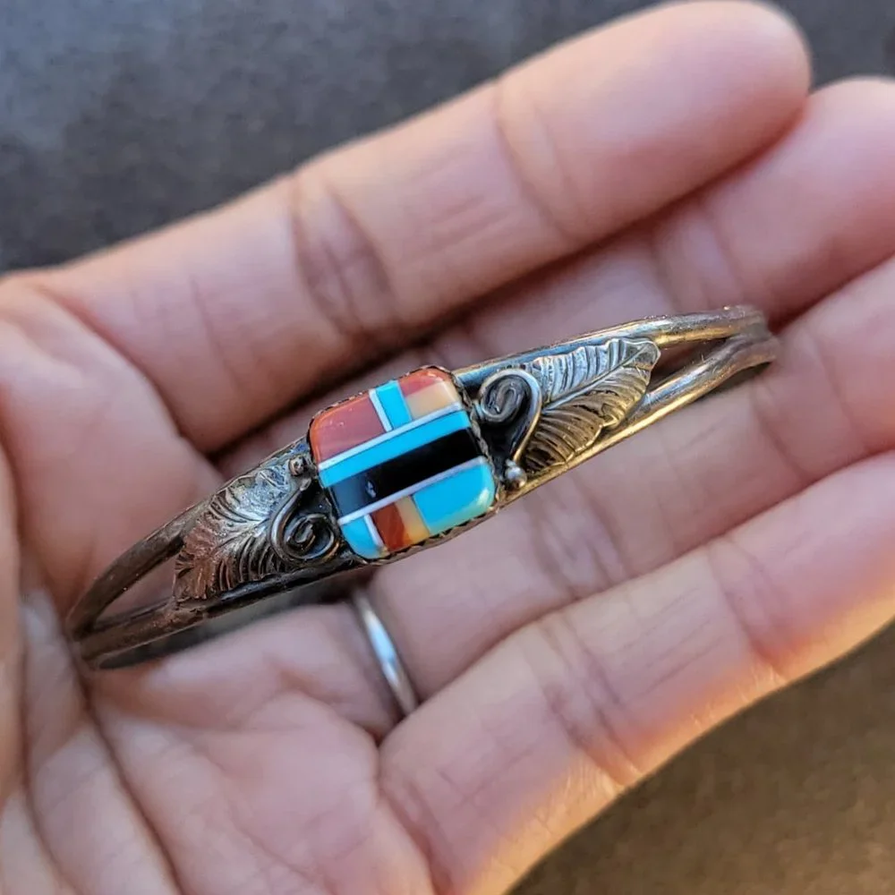 Native American 925 sterling silver square inlay squash blossom vintage bracelet - Picture 14 of 15